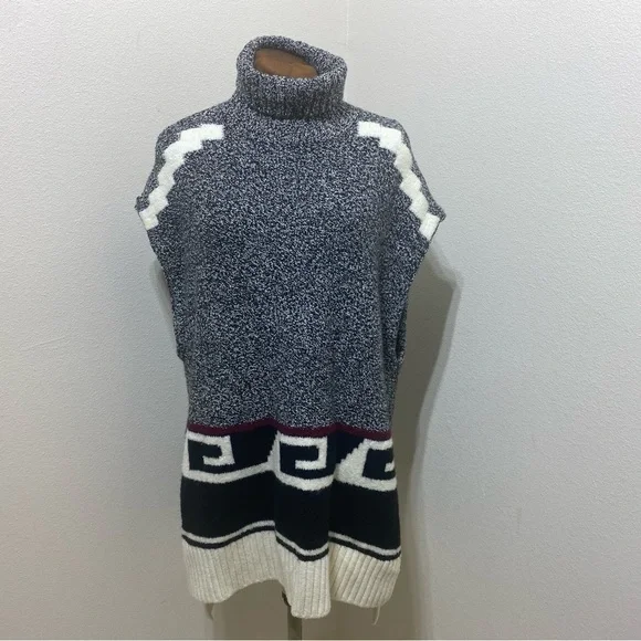 LOFT Turtle Neck Tunic Vest Sweater Size XS/S Oversized Cream/Black\Red - Picture 2 of 12